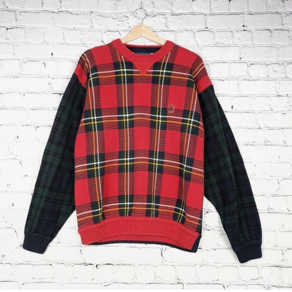 90s~ Tommy Hilfiger Tartan Check Wool Knit Sweater Men's M Size Vintage / eaa510307